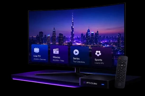 IPTV Dubai streaming on a premium 4K Smart TV — Live TV, Movies, Series and Sports, with the IPTV Dubai box and remote